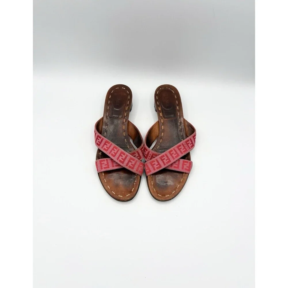 Fendi Brown Leather Sandals w/ Pink FF Logo Zucca Print Strap Vintage Size EU 37